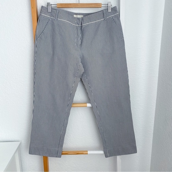 MaxMara Stripe Straight Leg Pants Trousers Silk Cotton Blend Crop Cream Blue - Picture 1 of 14